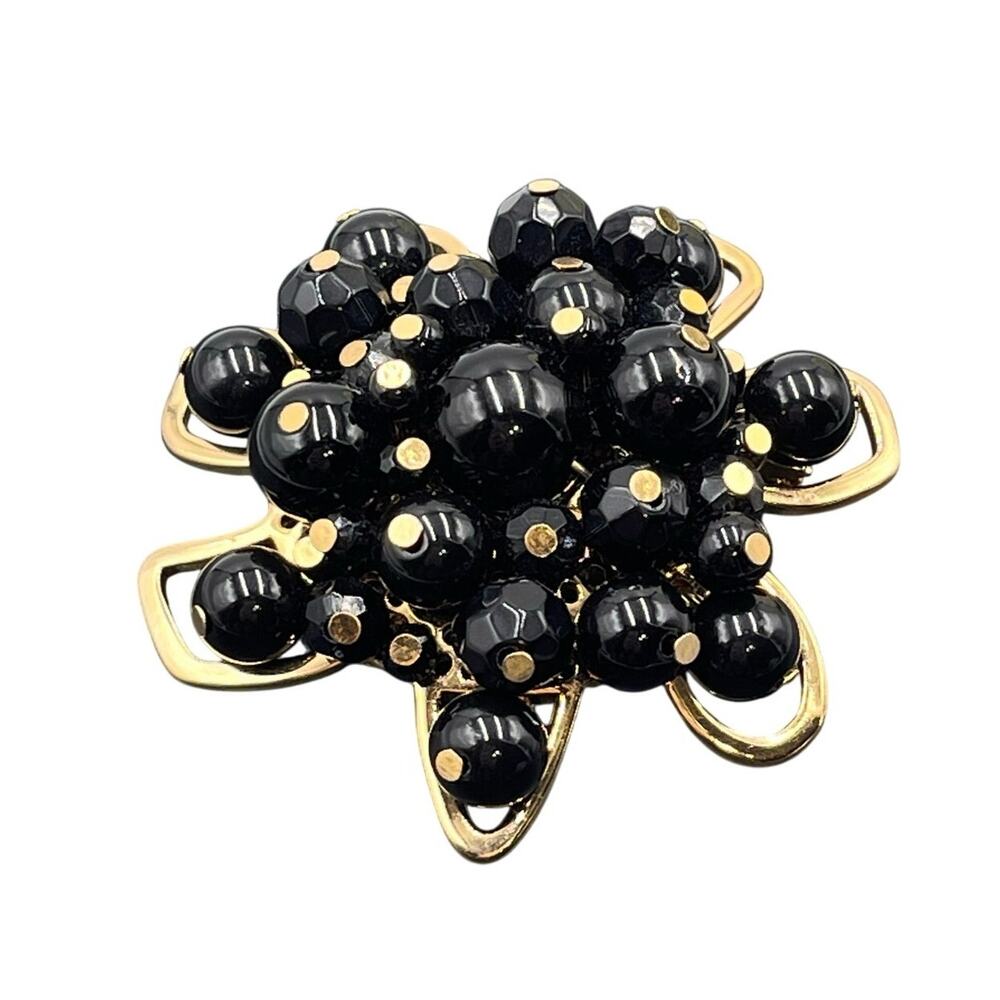Trina Turk Signed Designer Black‎ Beaded Gold Plated Large Cluster Brooch